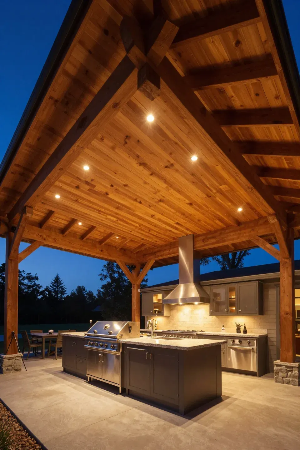 A luxury outdoor kitchen under a wood-planked roof with glowing recessed lights at night.
