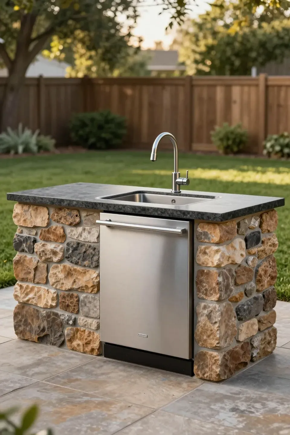 A stainless steel dishwasher built into a stacked stone kitchen island next to an outdoor sink.