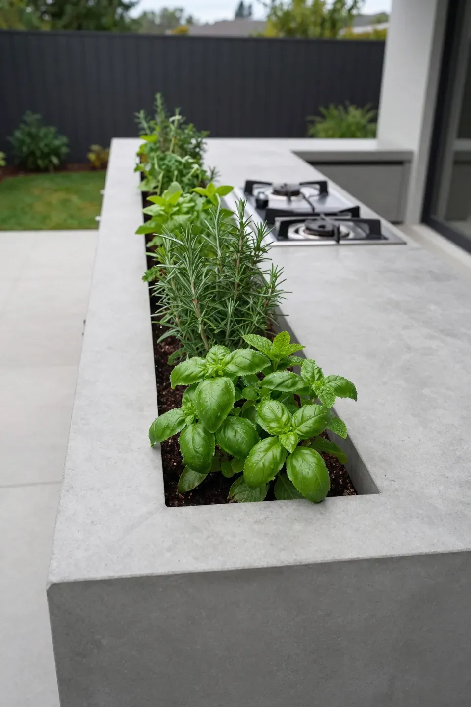 A modern concrete outdoor kitchen island with a built-in trough growing fresh green herbs.
