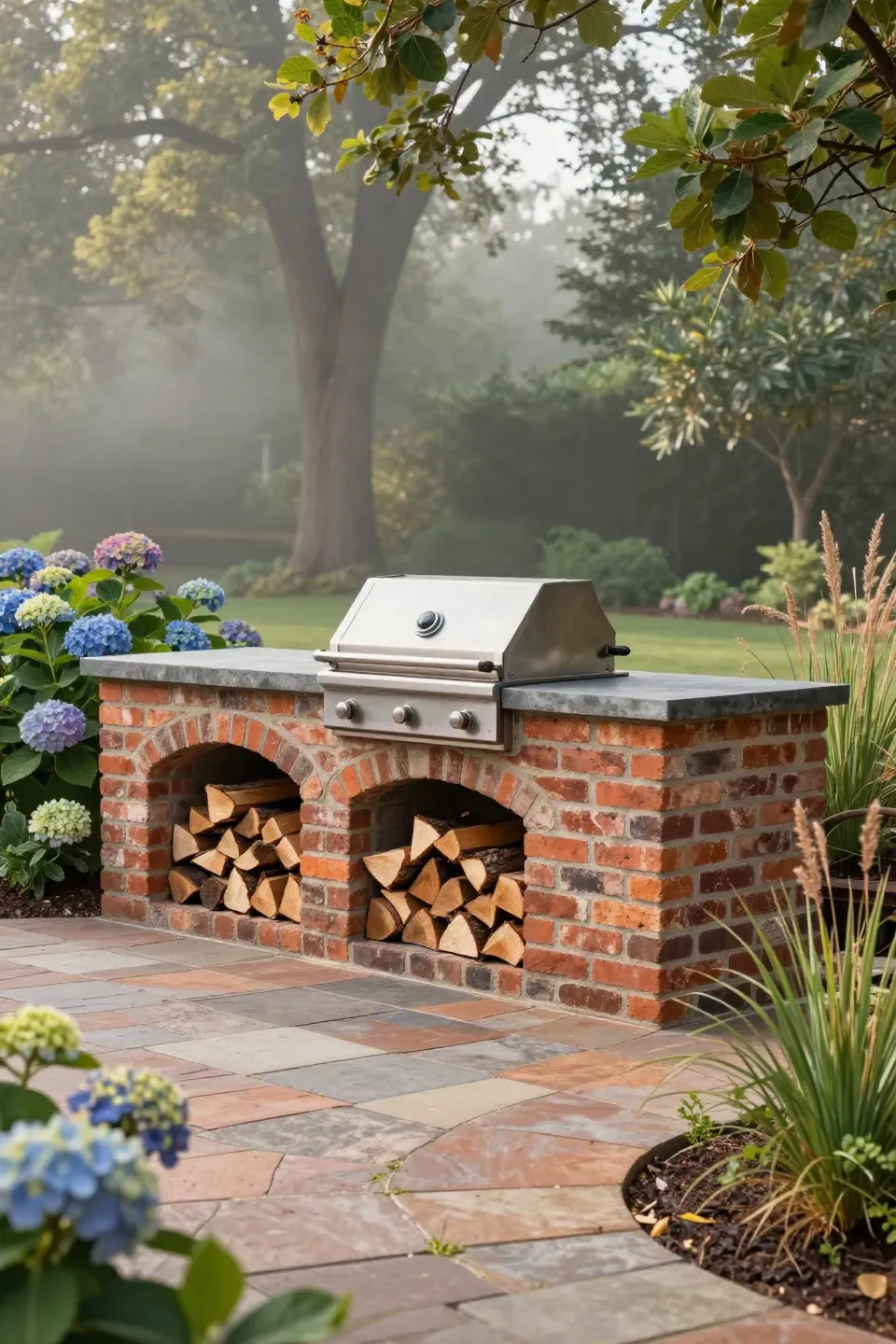 A rustic brick outdoor kitchen with a built-in grill and an arched wood storage niche in a garden.