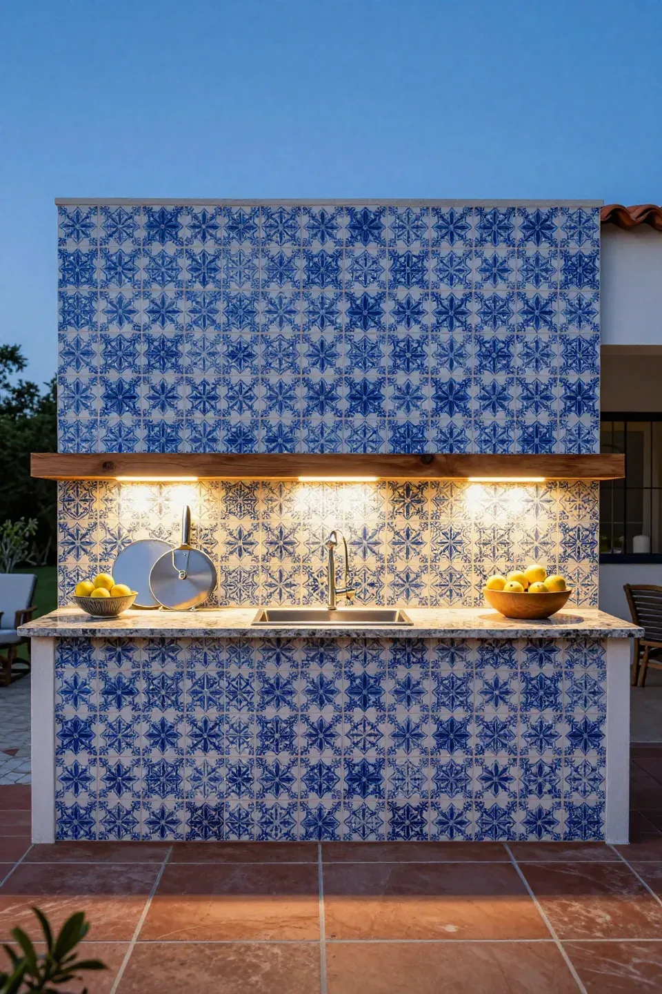 An outdoor kitchen with a blue patterned tile backsplash and warm LED under-shelf lighting.