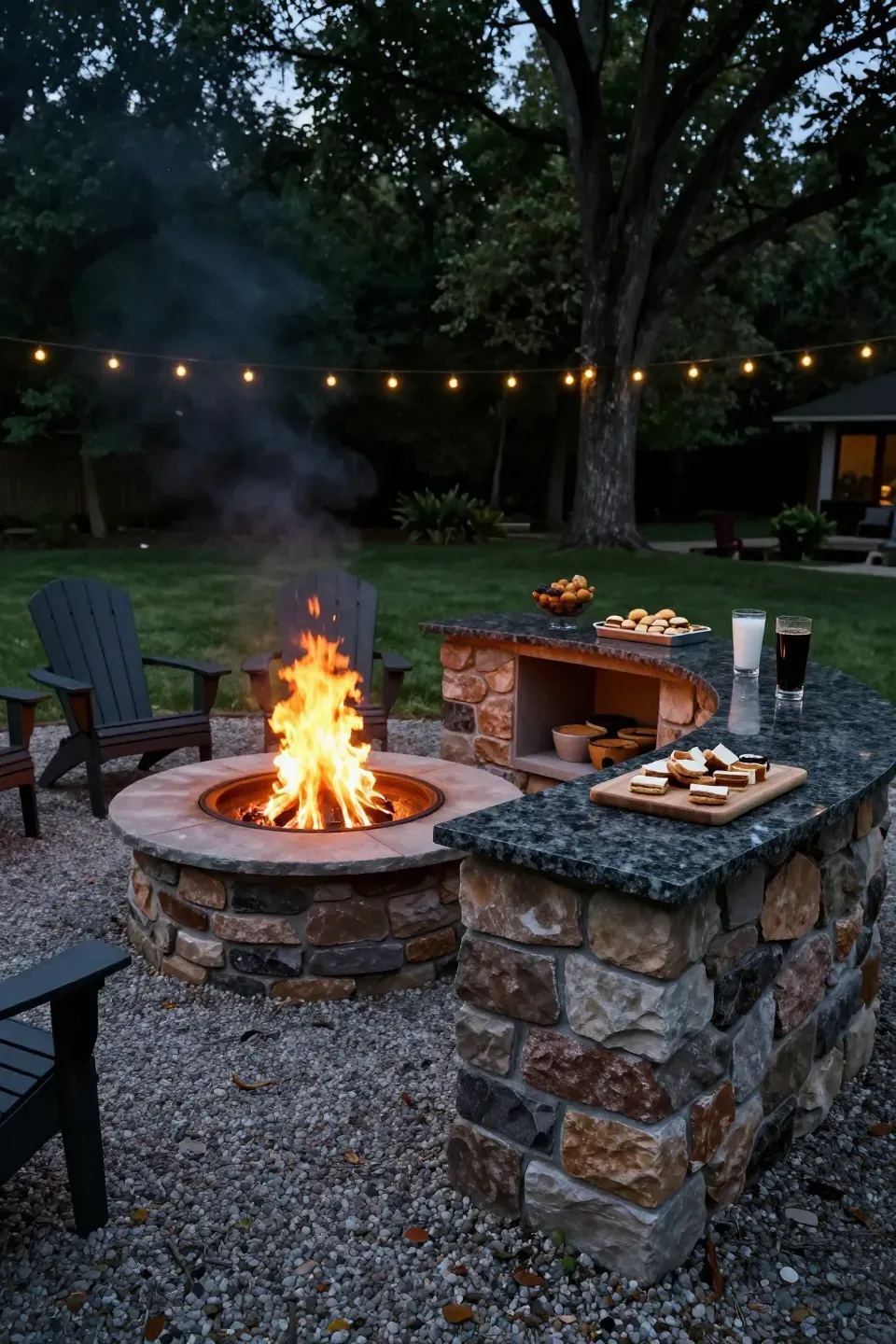 A stone fire pit with a nearby granite prep counter and Adirondack chairs in a backyard at dusk.