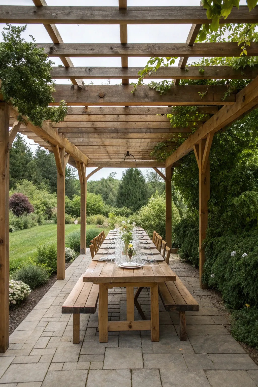 A heavy wooden trestle table sits under a sturdy cedar pergola in a lush, green garden setting.