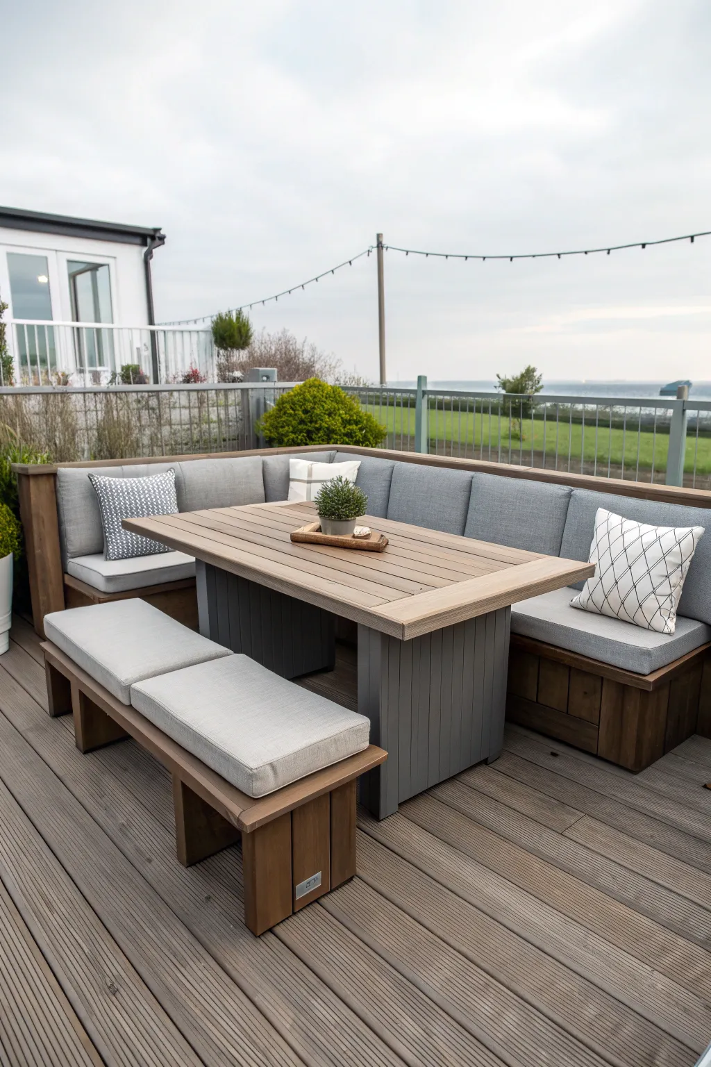A modern L-shaped wooden bench with navy blue cushions built into a sleek backyard deck.