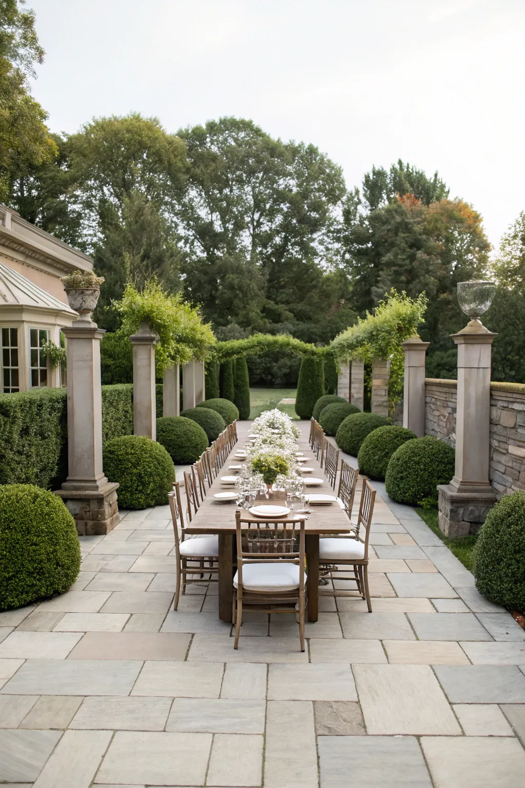 A formal dining set with a white tablecloth sits on a large slate paver patio in a manicured garden.