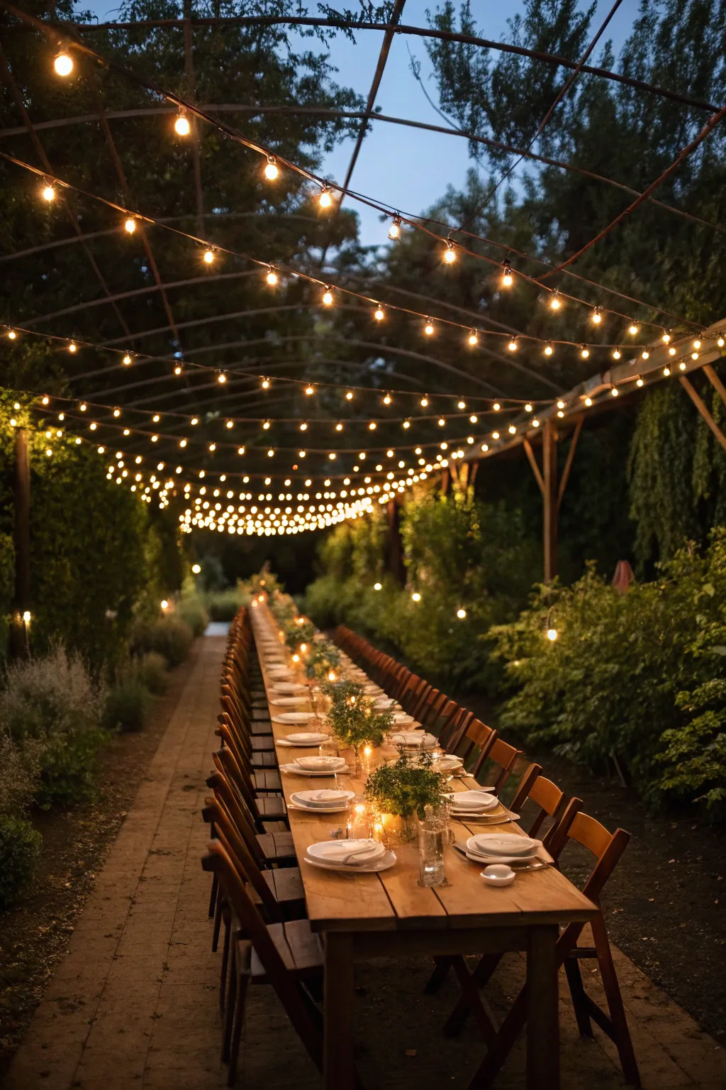 A long wooden harvest table is lit by glowing Edison string lights in a twilight garden.
