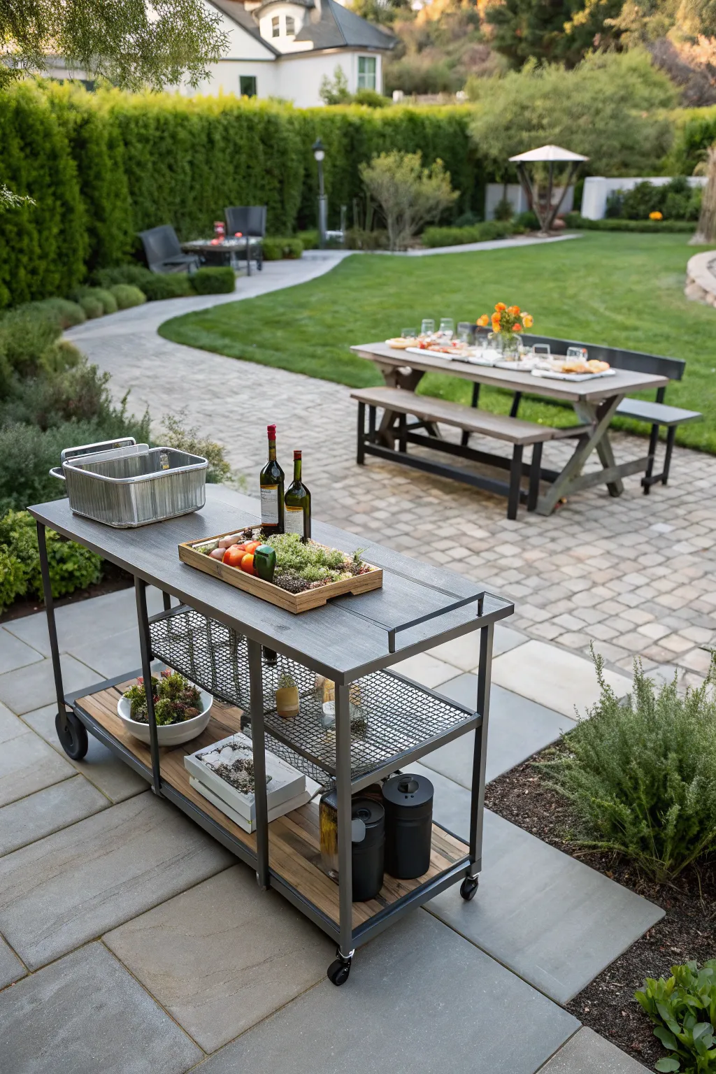 A black metal bar cart with drinks and napkins standing next to a wooden garden dining table.