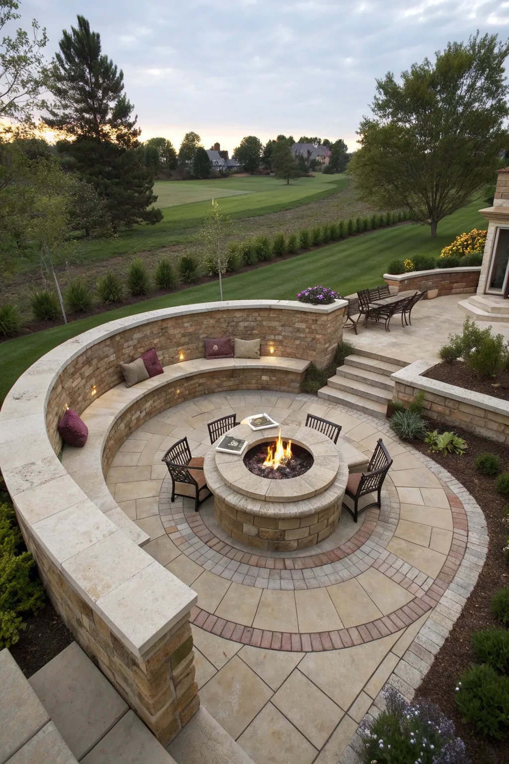 A sunken stone fire pit area with curved wooden benches and small side tables at twilight.