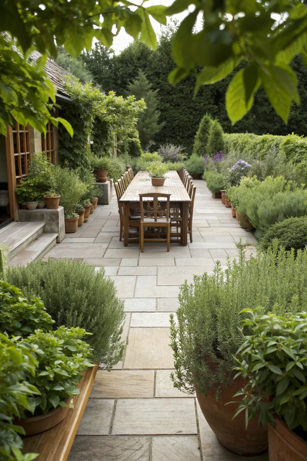 A wooden dining table on a stone terrace surrounded by terracotta pots of rosemary and lavender.