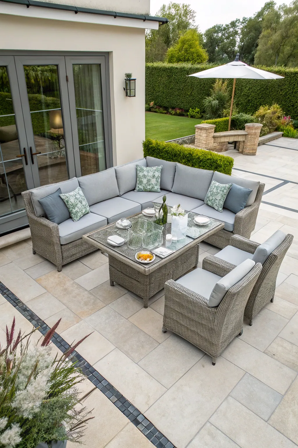 A modern grey rattan corner sofa and a glass-topped adjustable dining table on a sleek patio.