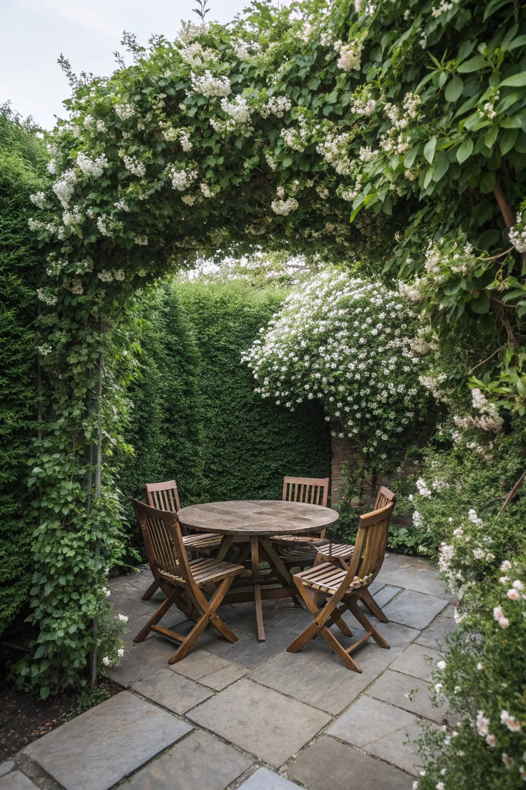 A wooden garden table nestled in a corner surrounded by a trellis covered in white jasmine flowers.