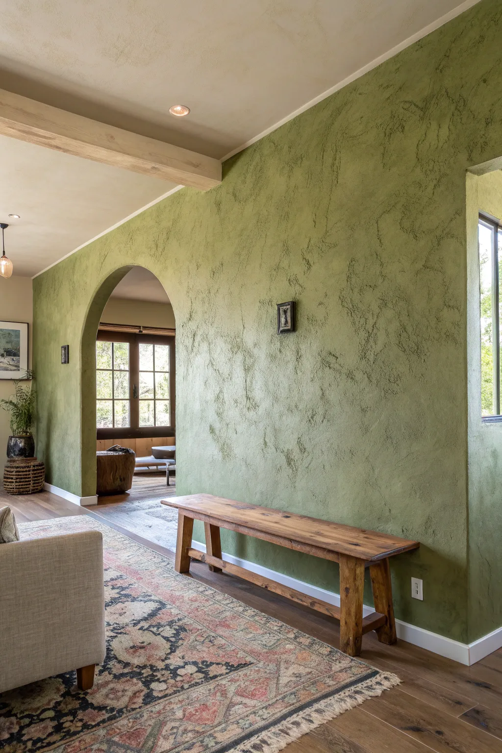 Textured olive green lime wash walls with a mottled, earthy finish in a rustic living room.