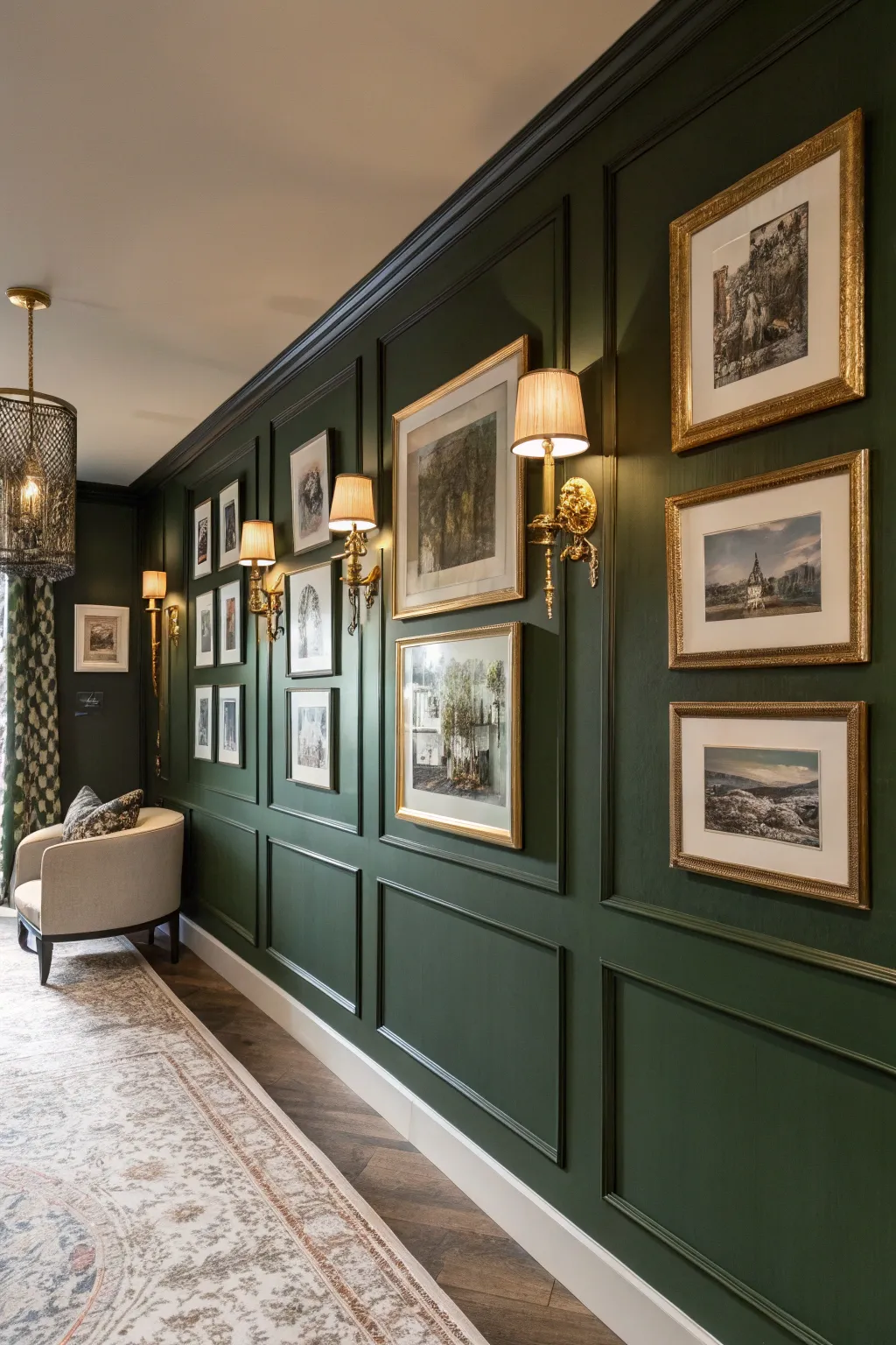 A dark olive green wall featuring gold sconces and vintage brass picture frames.