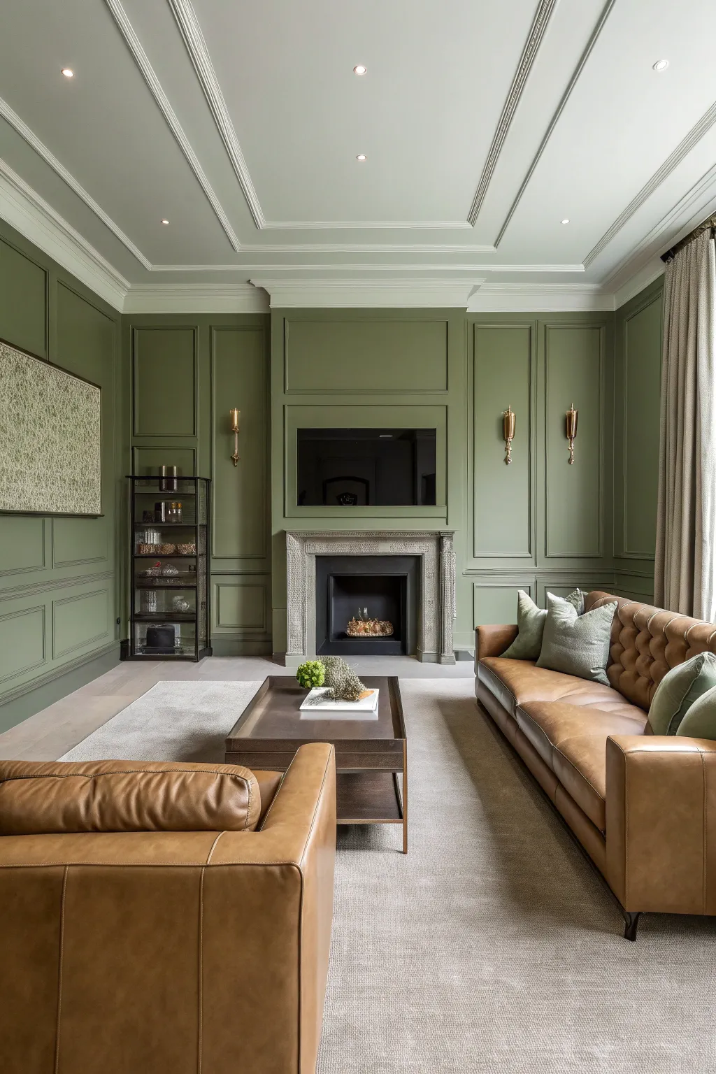 A cozy living room with muted olive green walls, a tan leather sofa, and soft golden hour lighting.