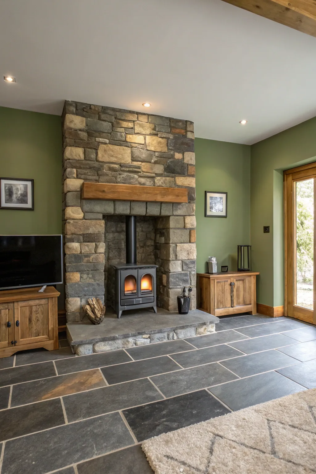 An olive green living room featuring a natural slate tile fireplace and a black wood-burning stove.