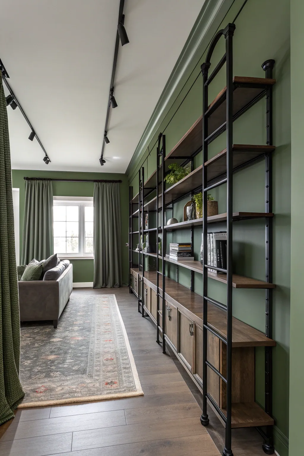 Modern olive green living room with black metal industrial bookshelves and track lighting.