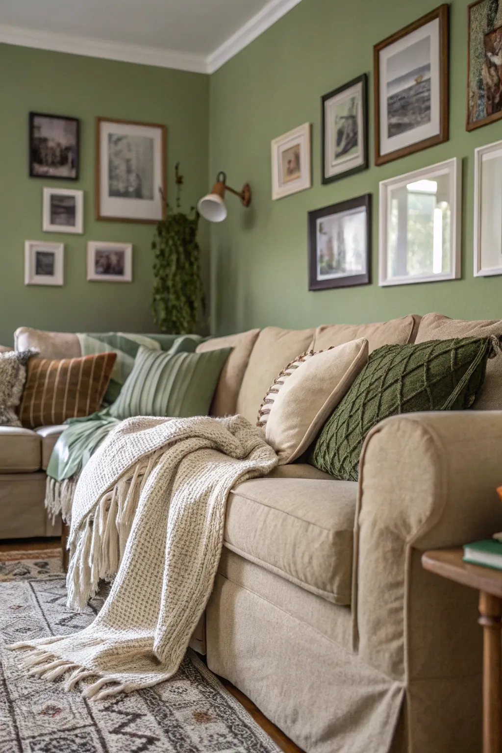 A cozy living room with soft olive walls and a linen sofa layered with neutral wool and cotton textiles.