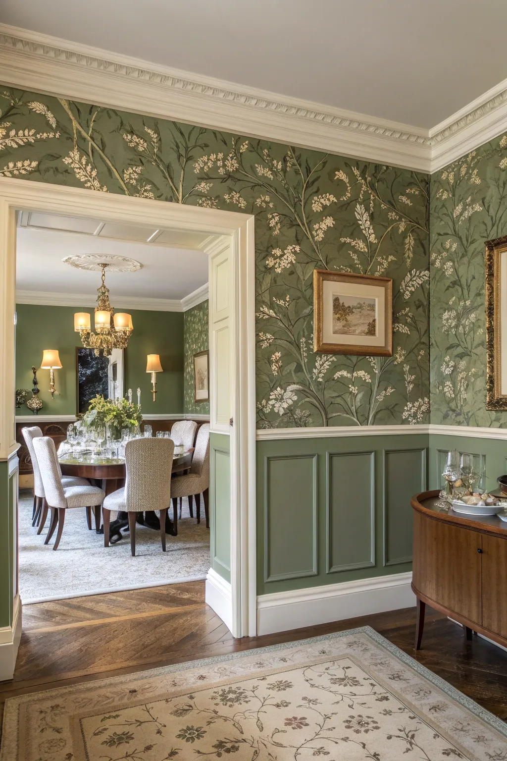 An elegant room with an olive green half-wall and botanical wallpaper featuring green and grey leaves.
