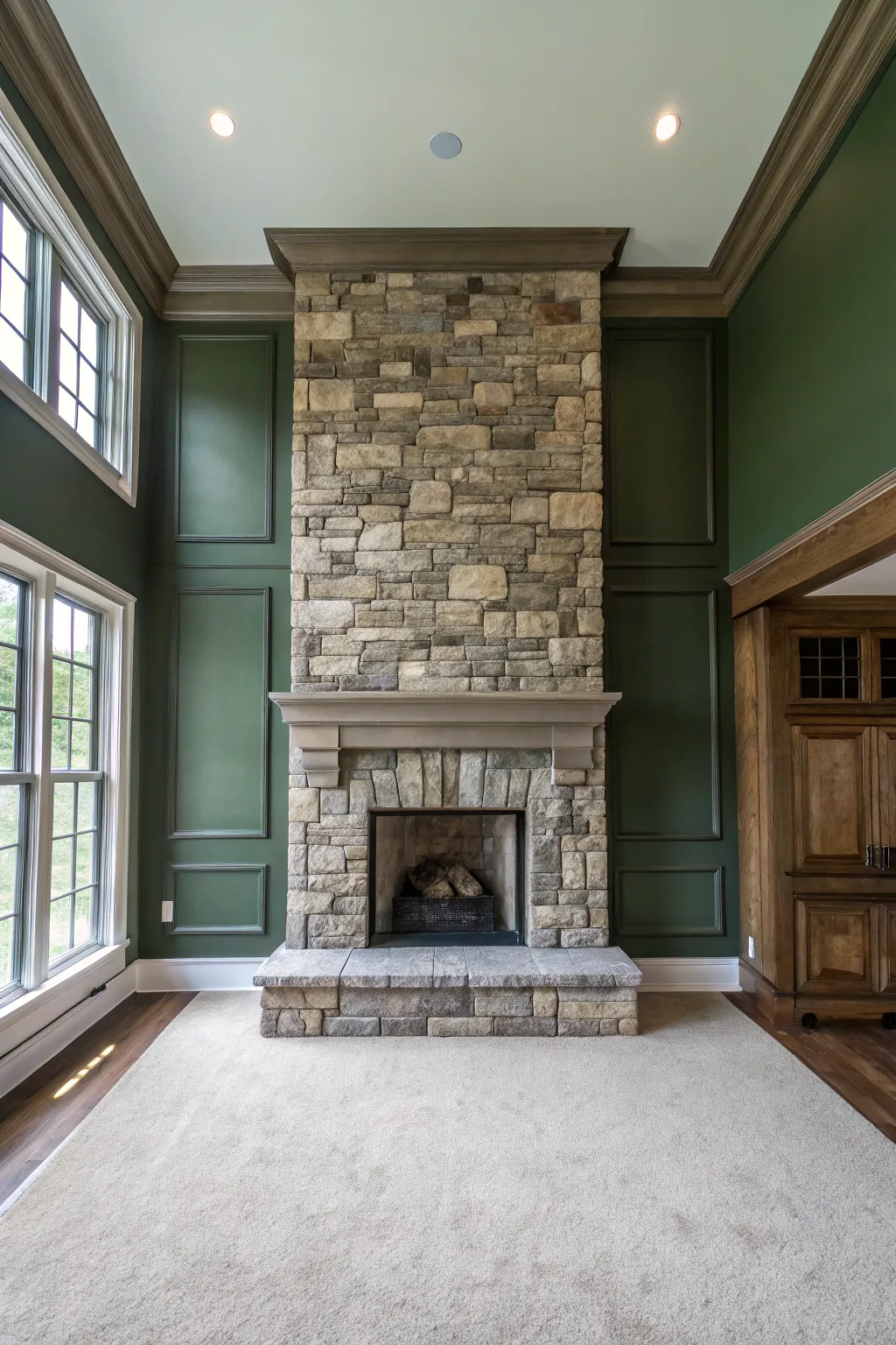 A cozy living room with olive green walls and a large grey stone fireplace hearth.