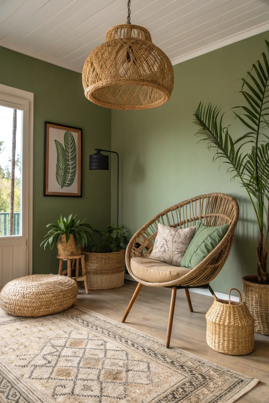 Dusty olive walls in a living room decorated with woven rattan furniture and baskets.