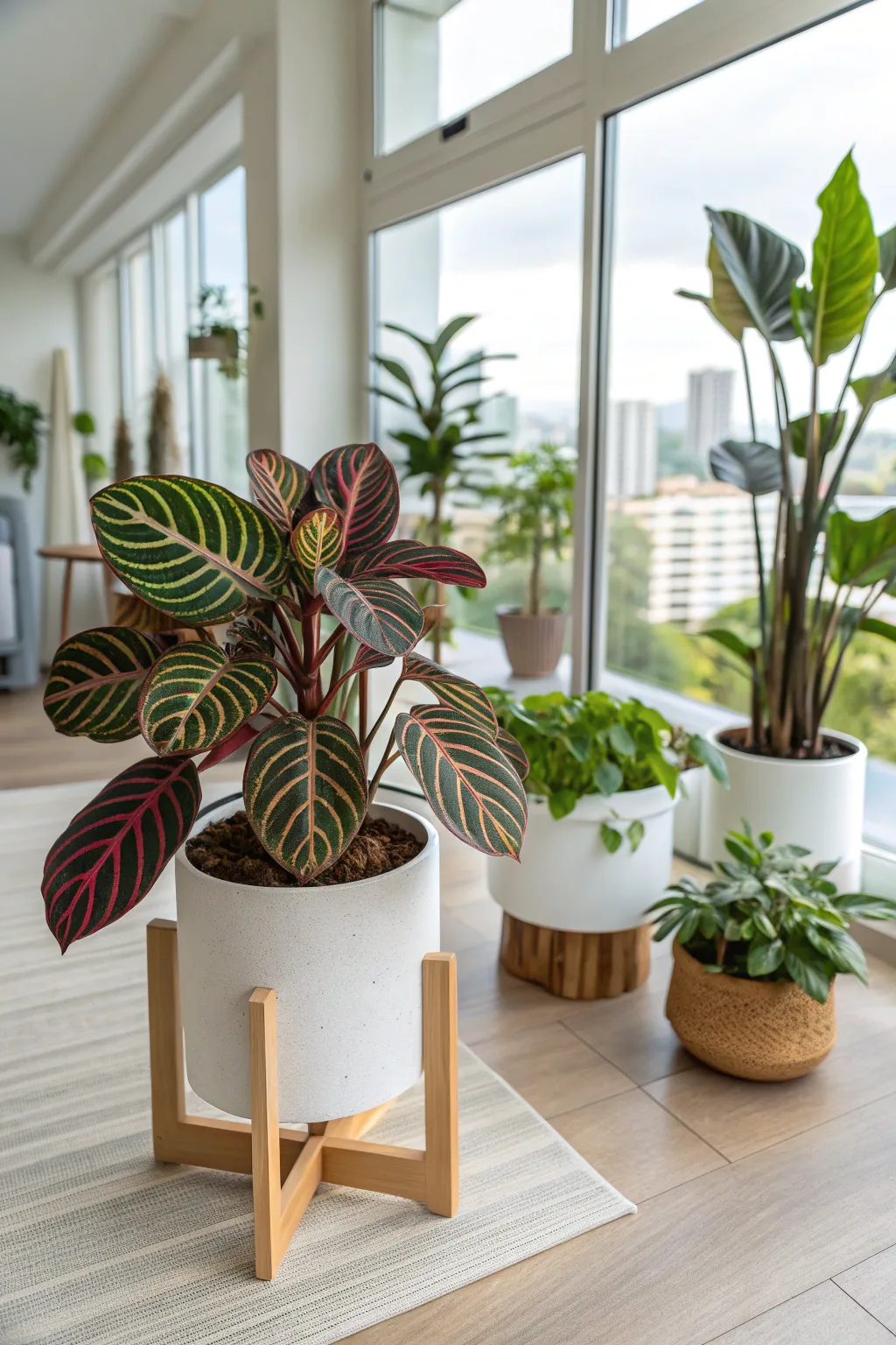 A Calathea plant with patterned leaves on a wooden stand in a modern room.