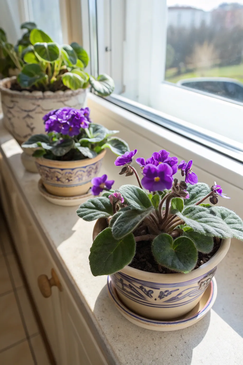 Purple African Violets blooming in pots on a bright white kitchen windowsill.