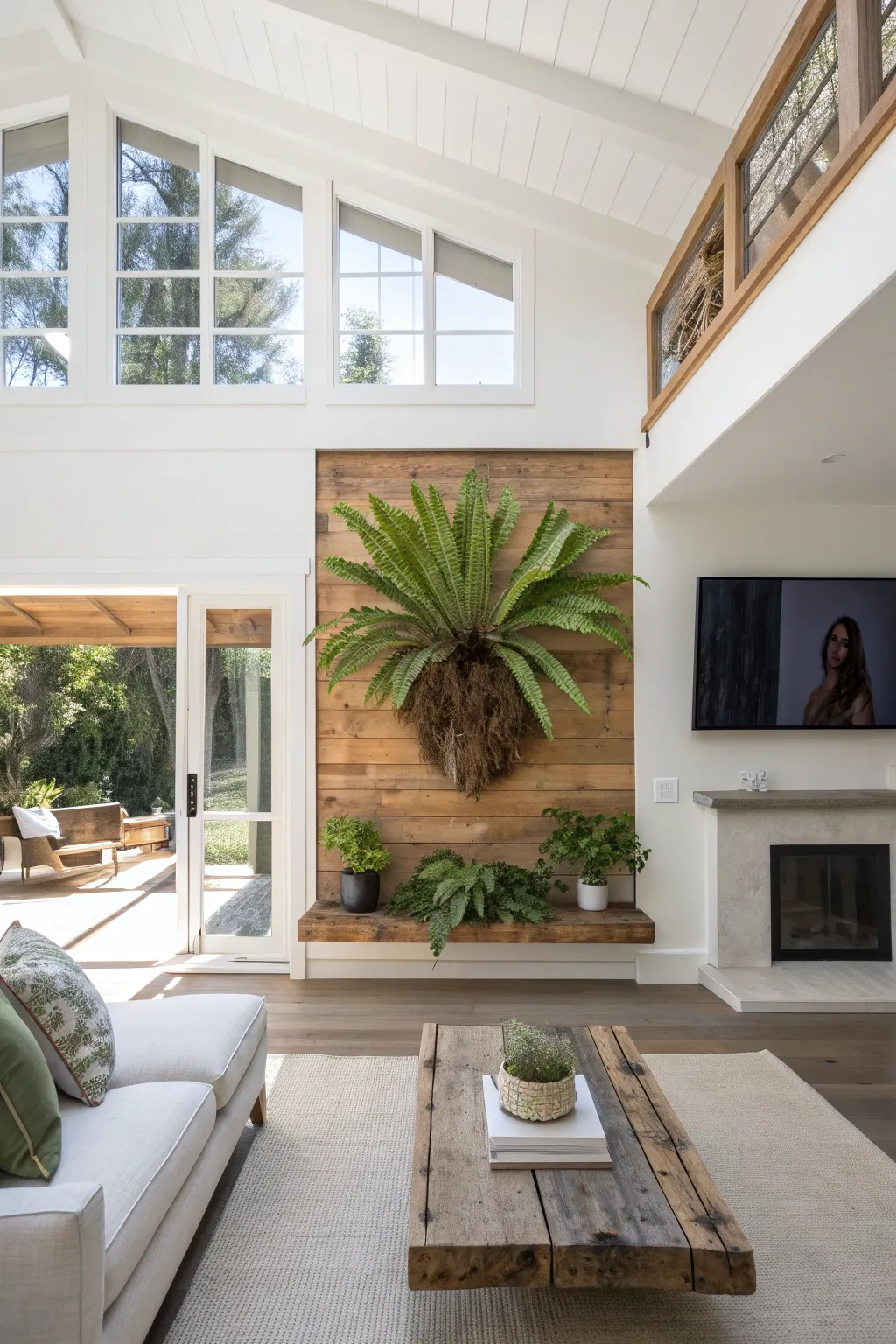 A large green Staghorn Fern mounted on a wooden board on a white wall in a bright, modern living room.