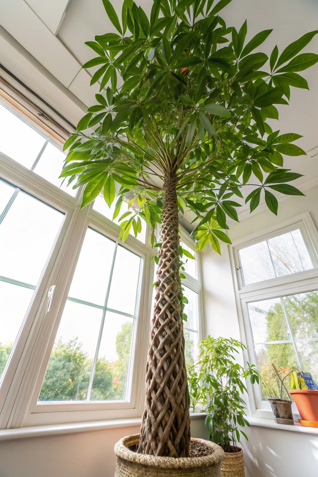 A tall Money Tree with a braided trunk in a white ceramic pot standing in a sunlit minimalist room.