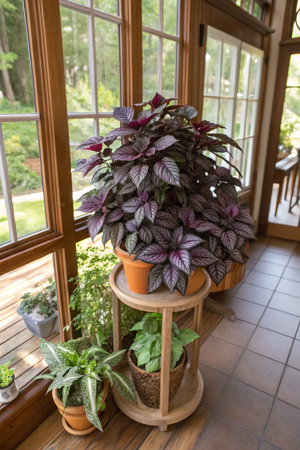 A Purple Waffle Plant with crinkly green and purple leaves in a decorative pot inside a sunroom.