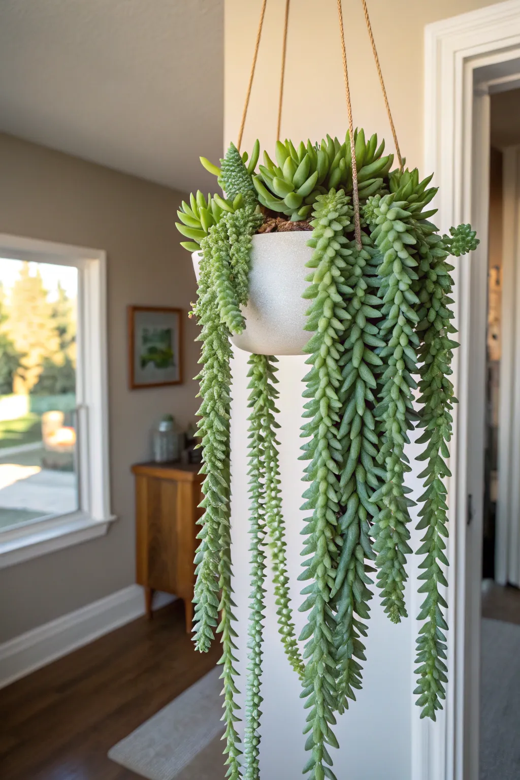 Long stems of a Burro's Tail succulent hanging down from a white pot in a bright, clean kitchen.