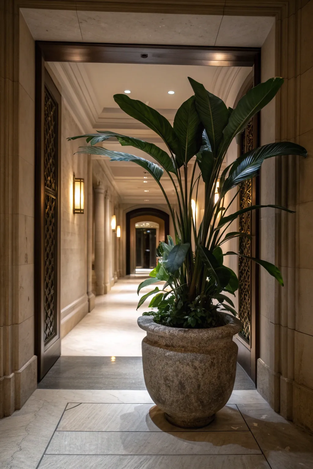 A sturdy Cast Iron Plant with long dark green leaves in a stone pot in a moody, elegant hallway.