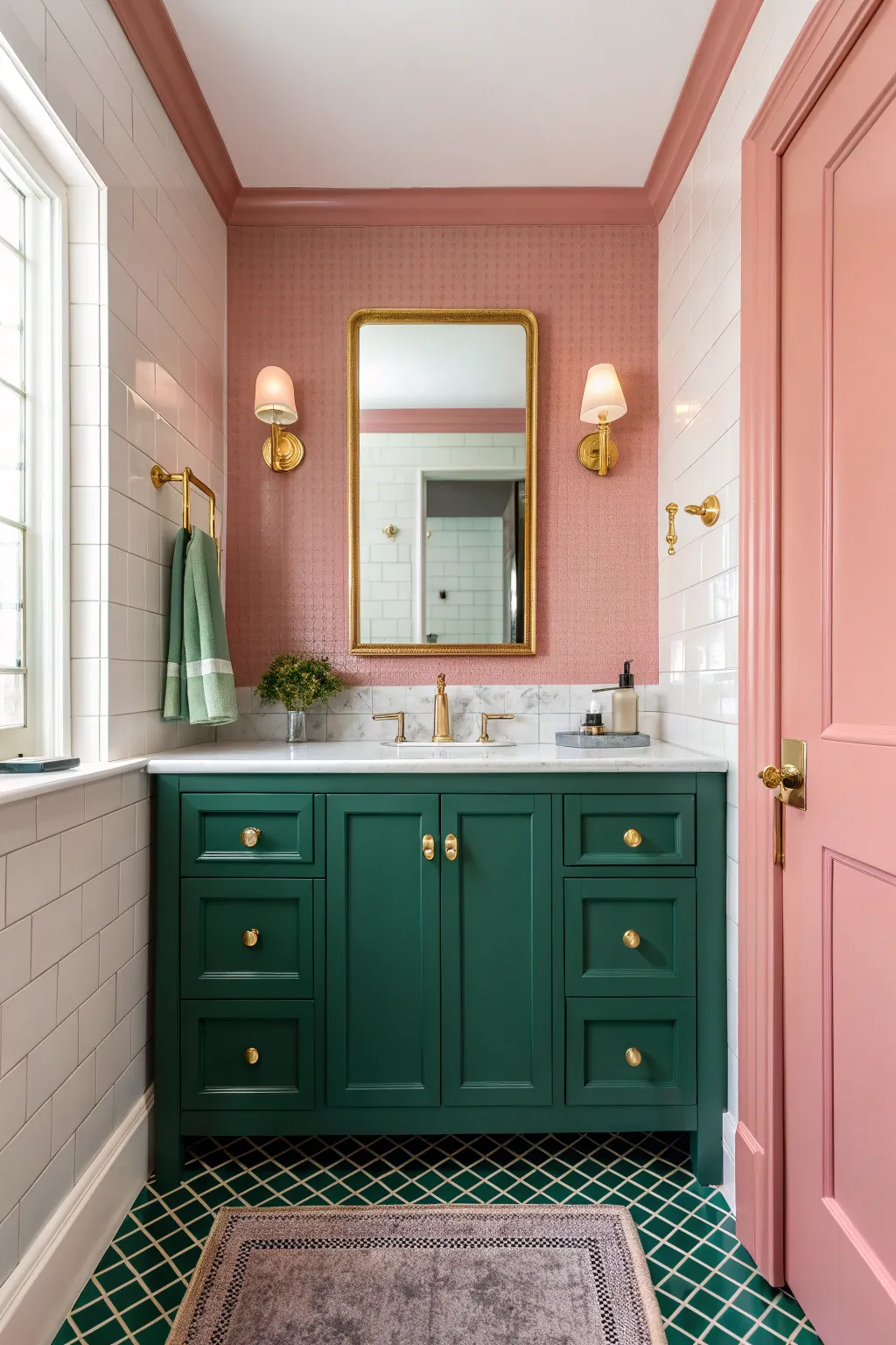 A deep emerald green vanity cabinet against light pink walls with elegant brass hardware.