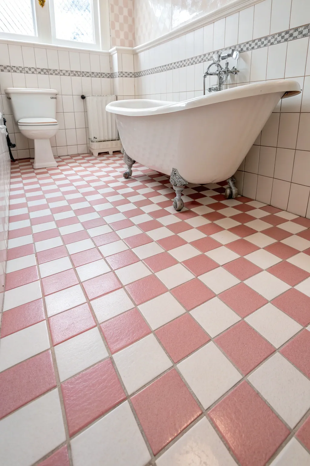 A bathroom with a bold baby pink and white checkerboard tile floor and a white clawfoot tub.