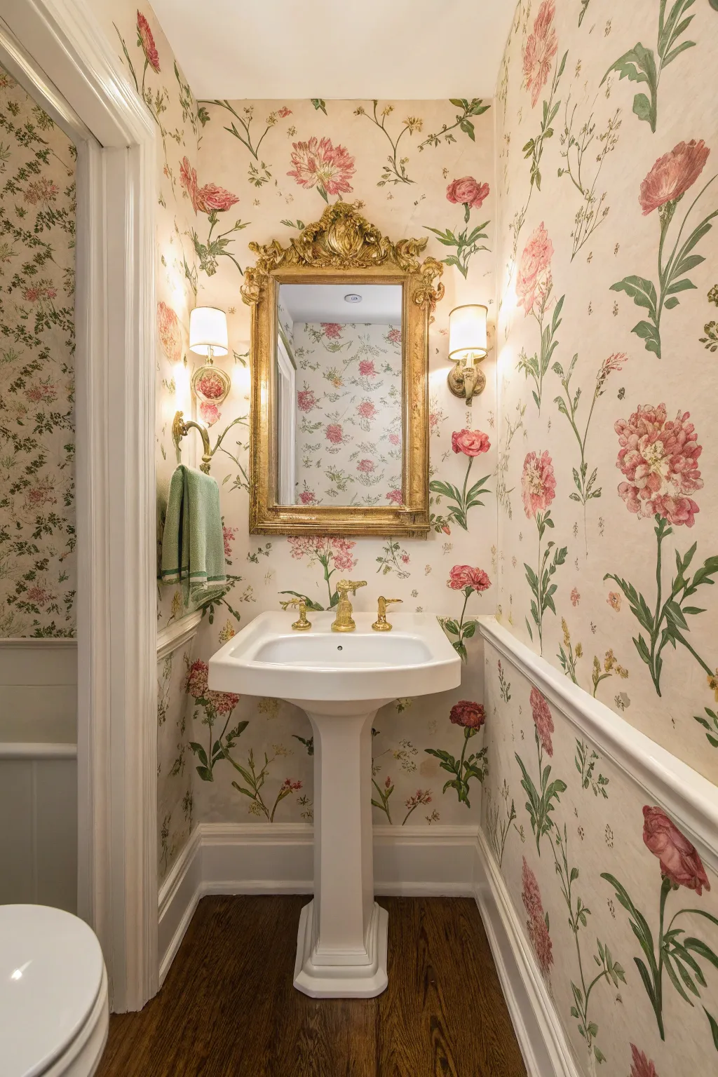 A traditional powder room with pink floral wallpaper, a white pedestal sink, and a gold mirror.