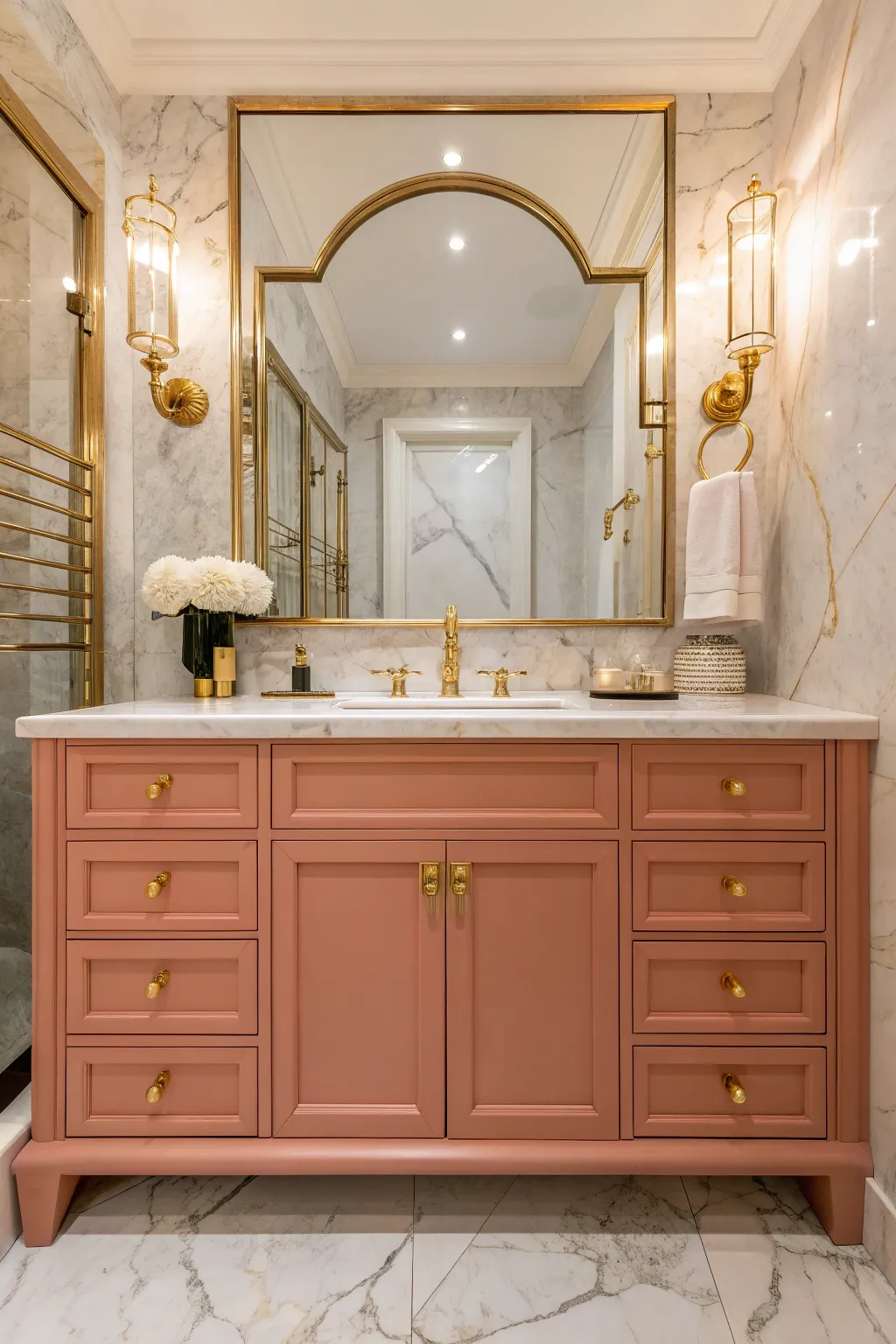 A luxury salmon pink bathroom vanity with polished gold handles and faucets against marble walls.
