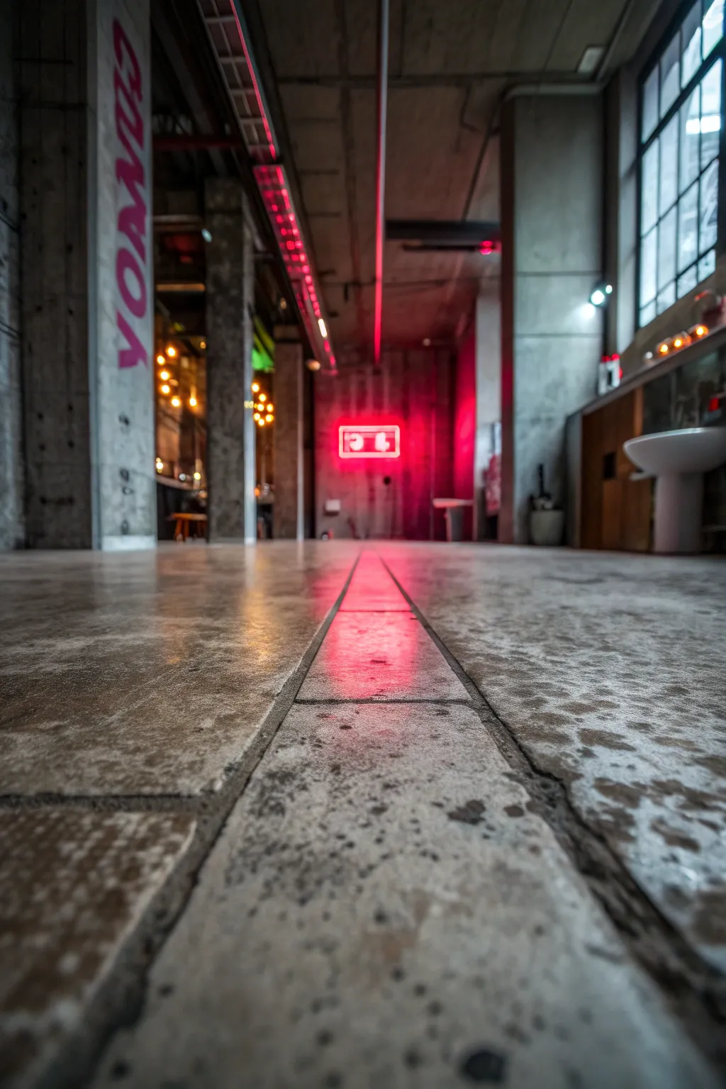 Industrial bathroom with concrete floors and a glowing neon pink sign on the wall.