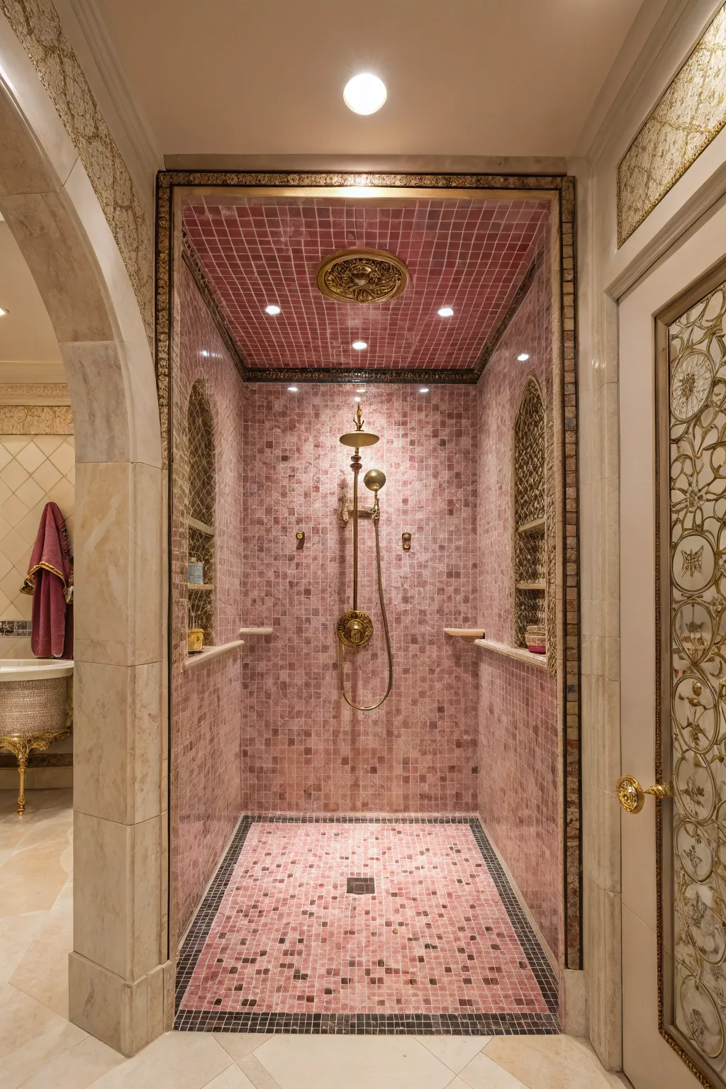 Brushed brass shower fixtures against a wall of pink hexagonal mosaic tiles.