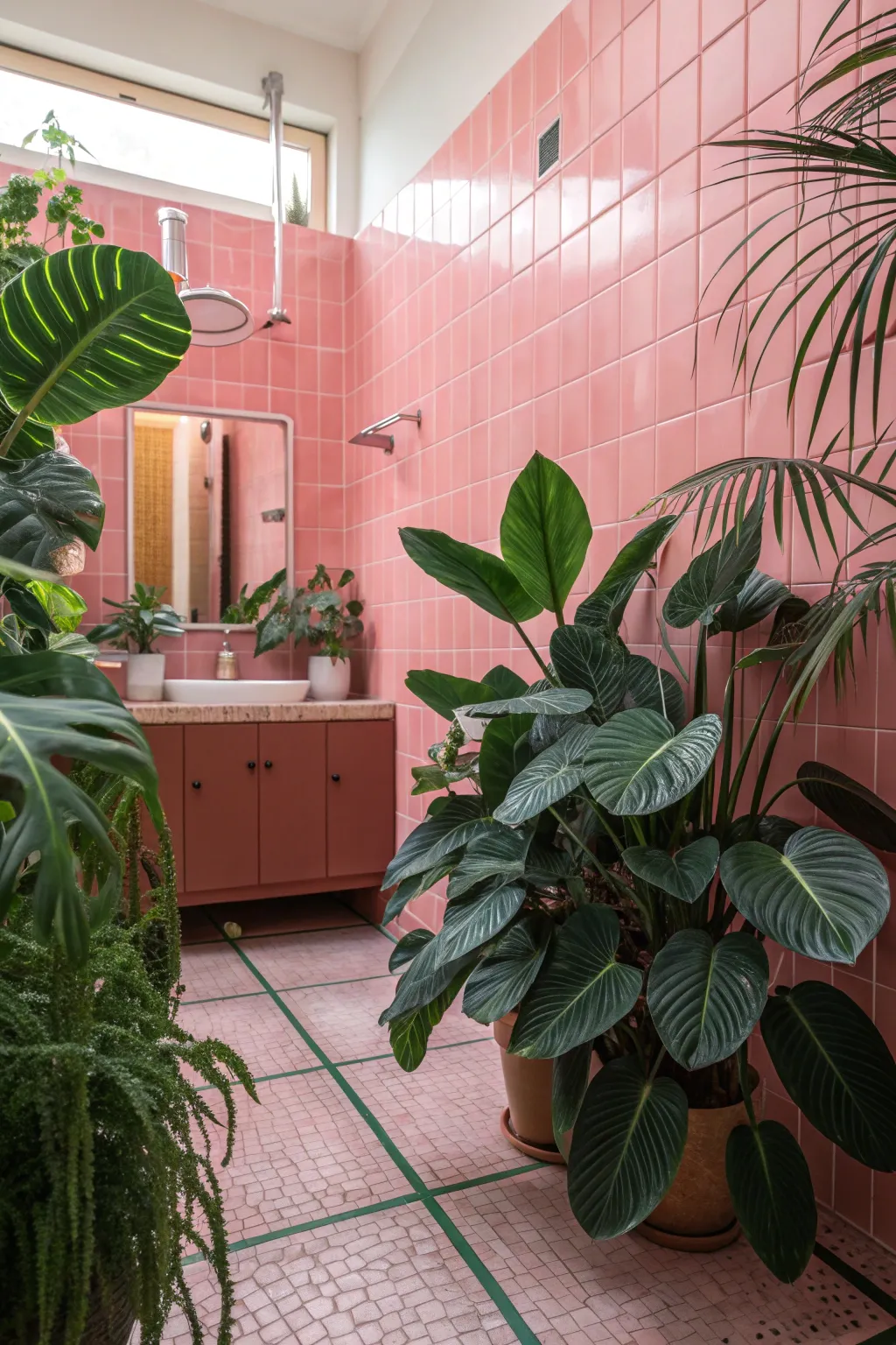 Lush green plants contrasting against bright pink bathroom wall tiles.