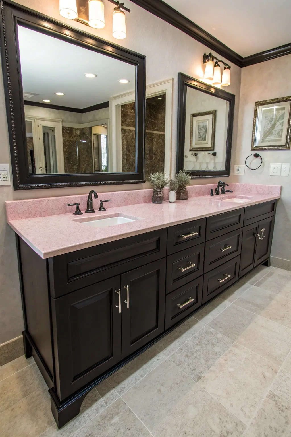 Sleek black bathroom vanity with a polished pink quartz countertop.