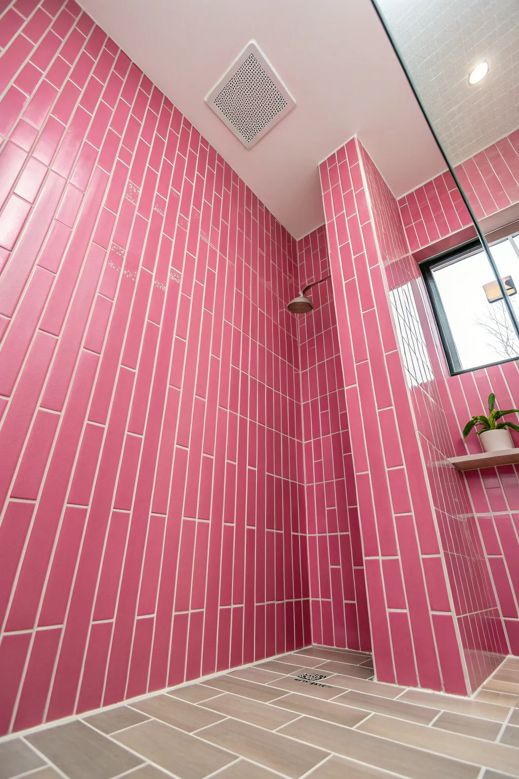 Vertical stacked pink tiles covering a bathroom wall from floor to ceiling for a modern look.