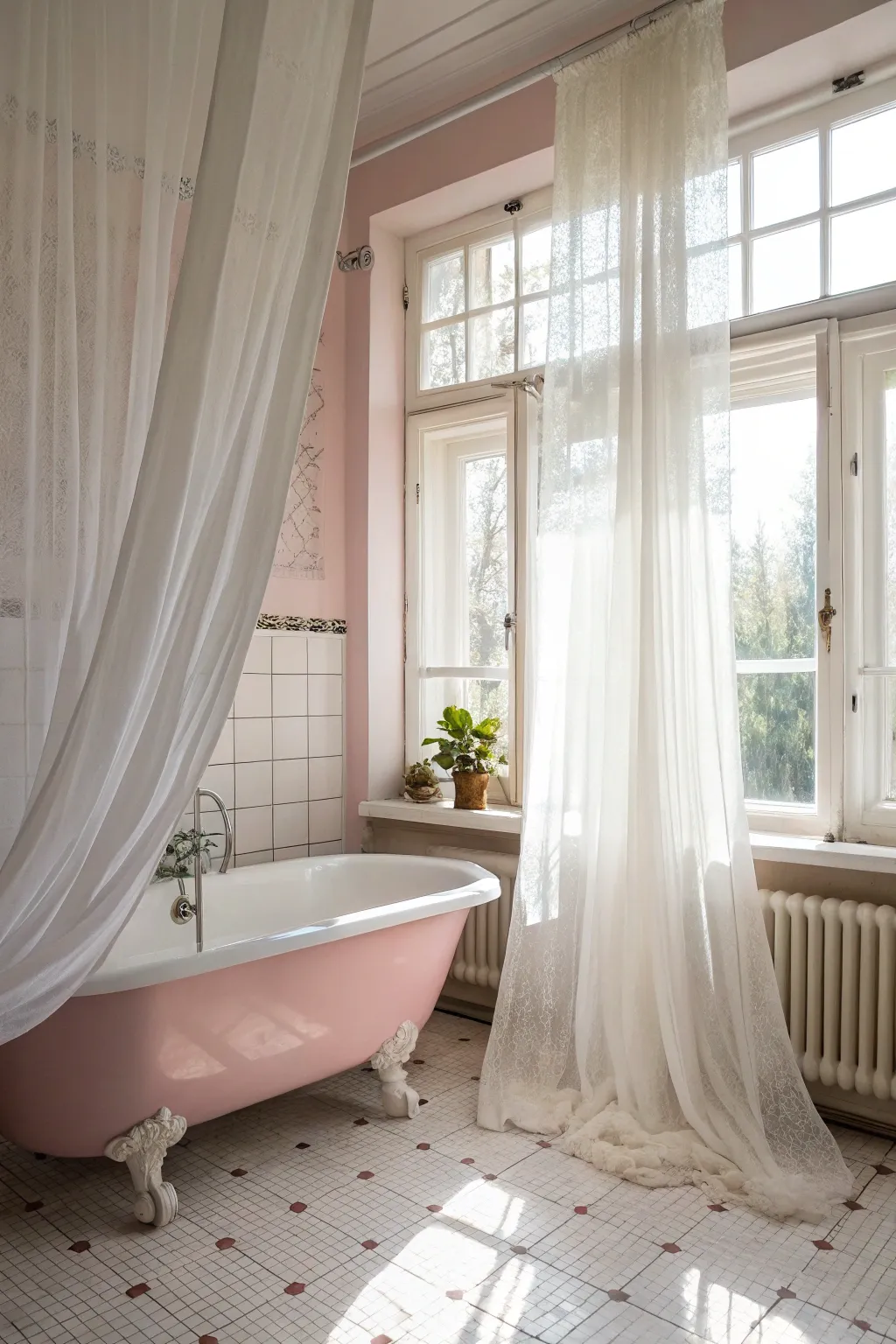 Sheer white curtains on a window in a bright bathroom with light pink walls and a bathtub.