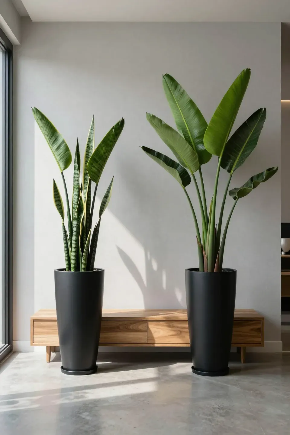 Two tall matte black cylindrical planters with green plants flanking a wooden console in a modern room.