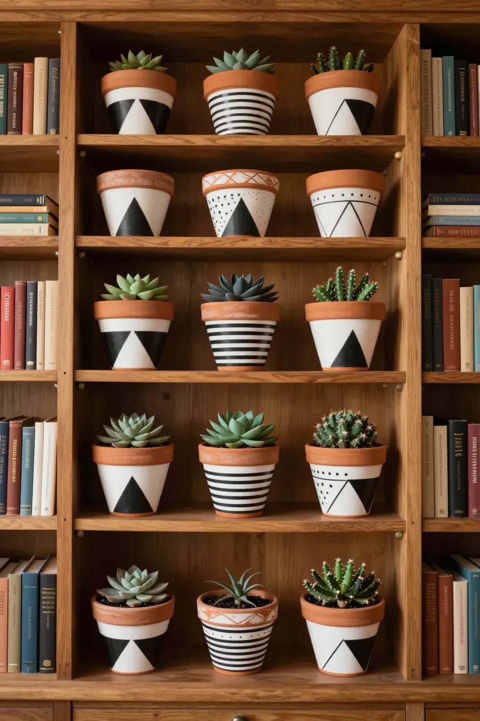 Terracotta pots with hand-painted geometric designs sitting on a bookshelf among books.