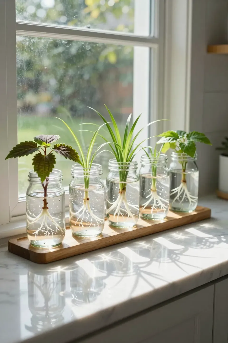 Clear glass jars with plant cuttings and visible roots sitting on a sunny kitchen windowsill.