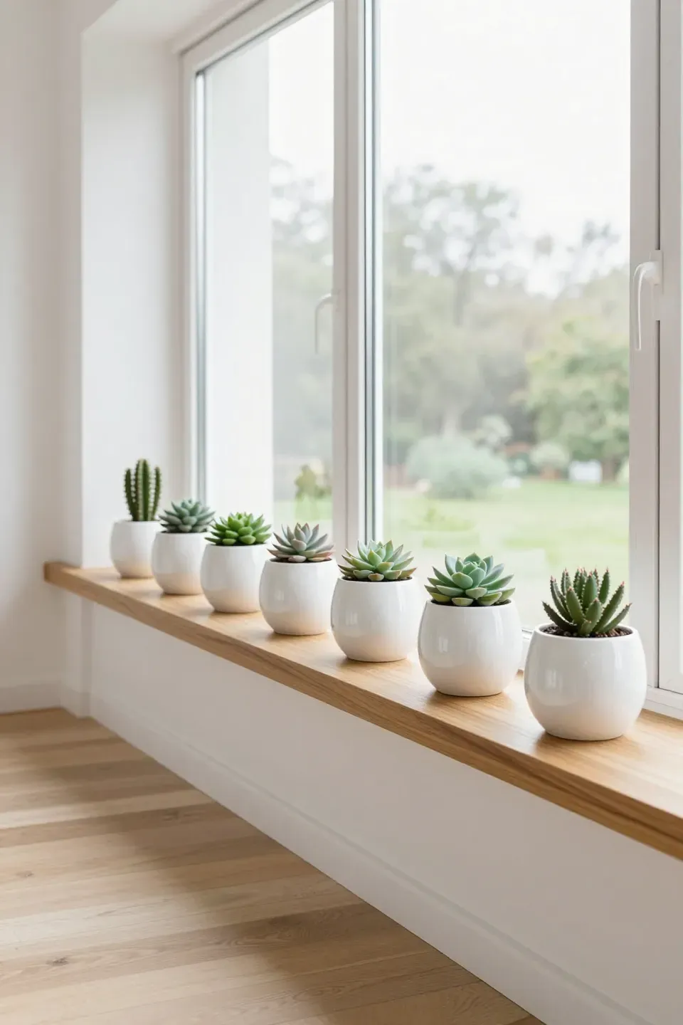 A row of identical white porcelain succulent pots on a sunny wooden windowsill in a white room.