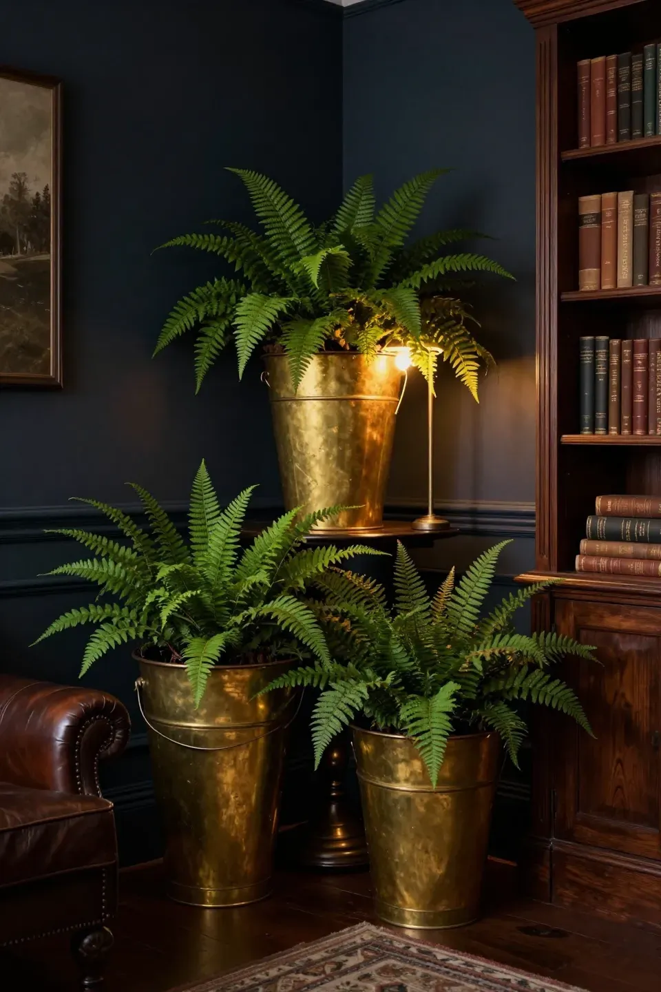 Vintage brass buckets holding lush green ferns in a moody, dark-walled study with a leather chair.