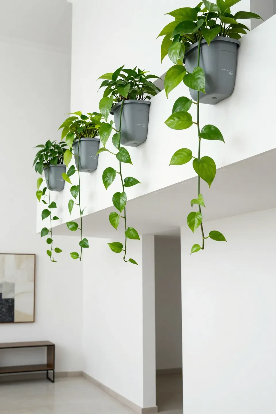 Trailing Pothos plants in gray pots on a high shelf in a modern, white-walled hallway.