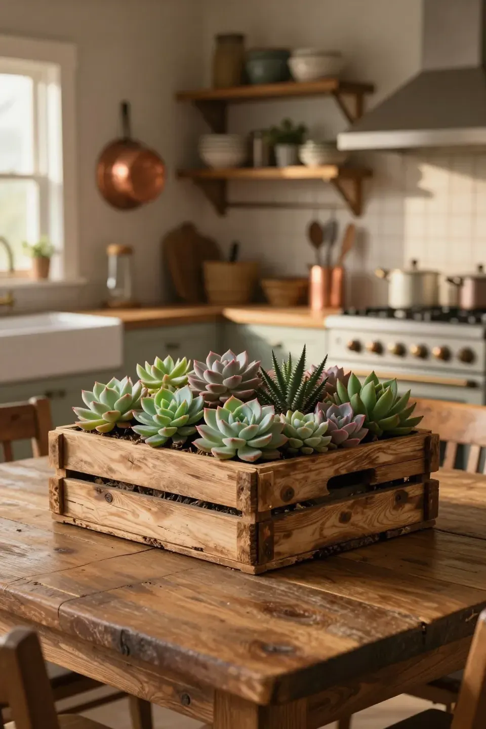 A rustic wooden crate filled with colorful succulents on a farmhouse dining table.
