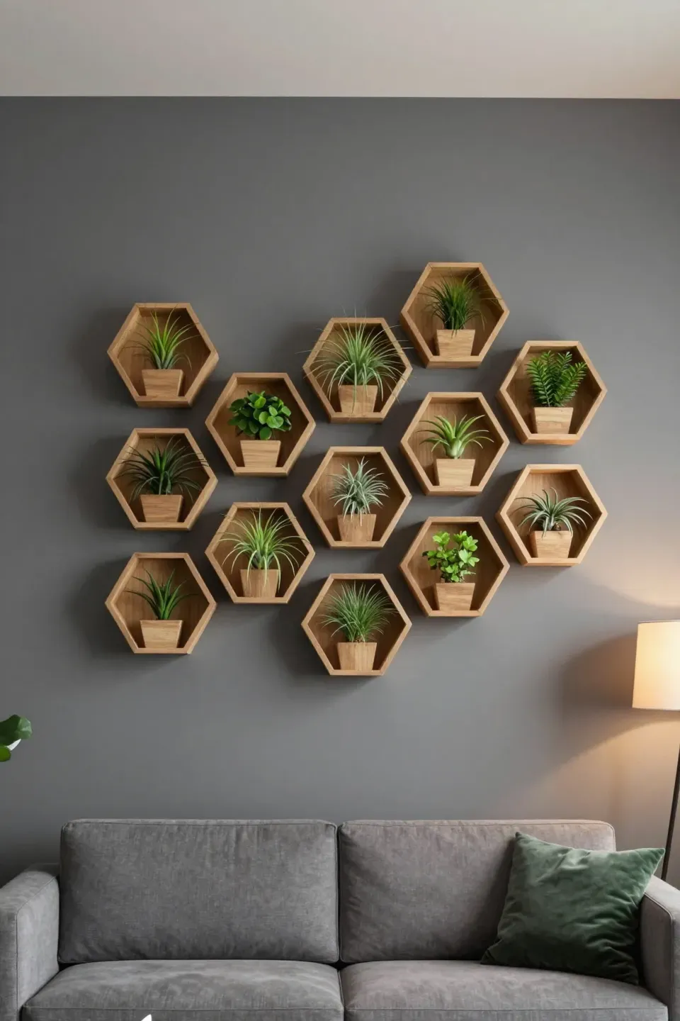 A honeycomb pattern of hexagonal wooden planters on a gray wall in a modern living room.
