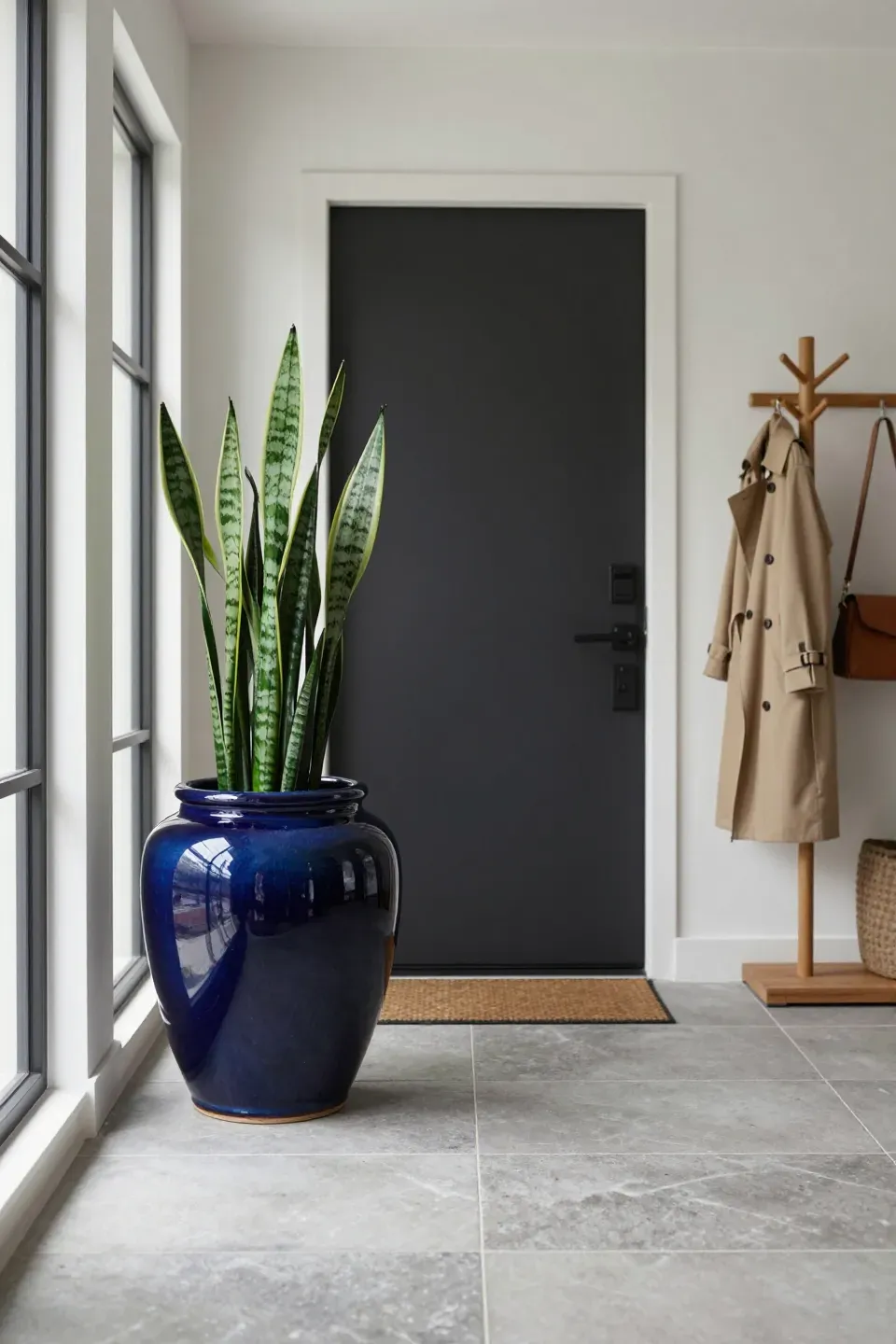 A glossy navy blue ceramic planter with a tall snake plant in a modern, sunlit entryway.